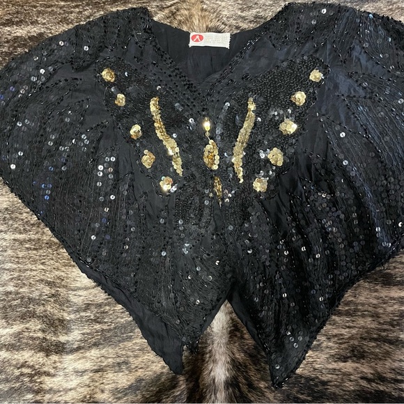 VINTAGE 1970’s Halston Black and Gold Sequined Poncho Top! Small/Med Butterfly‎